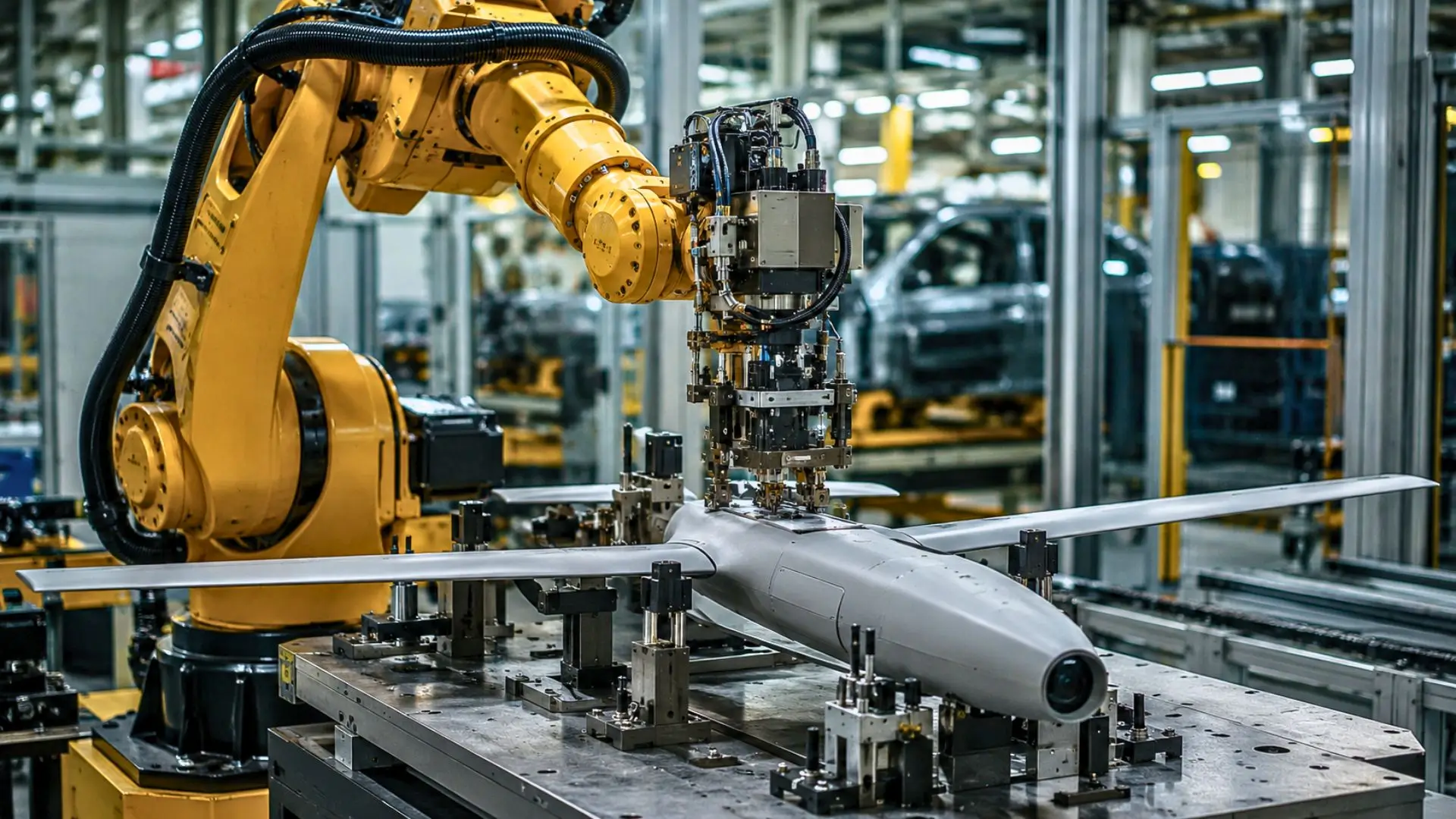 Un bras robotisé industriel assemble un drone militaire gris sur une ligne de production automobile.