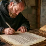 Un scribe médiéval recopie un manuscrit à la plume dans un scriptorium éclairé par une fenêtre.