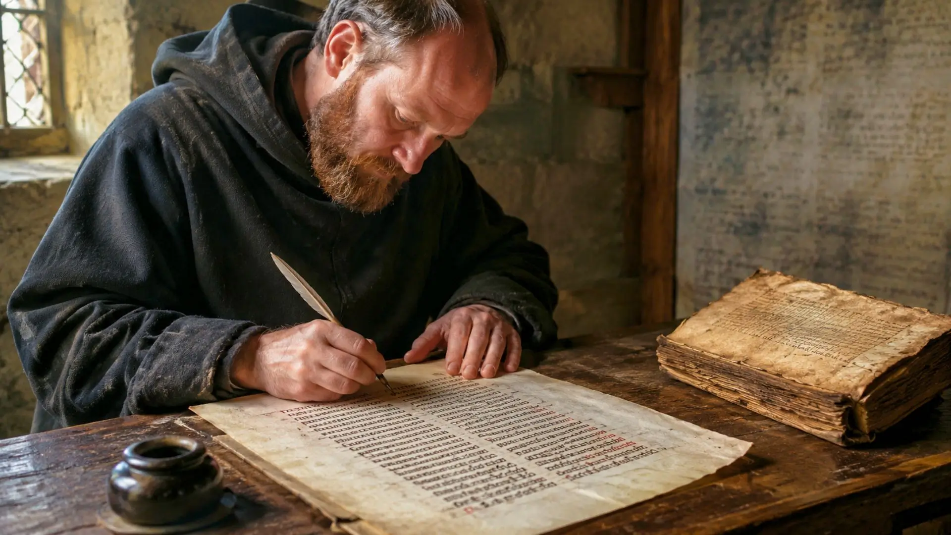 Un scribe médiéval recopie un manuscrit à la plume dans un scriptorium éclairé par une fenêtre.
