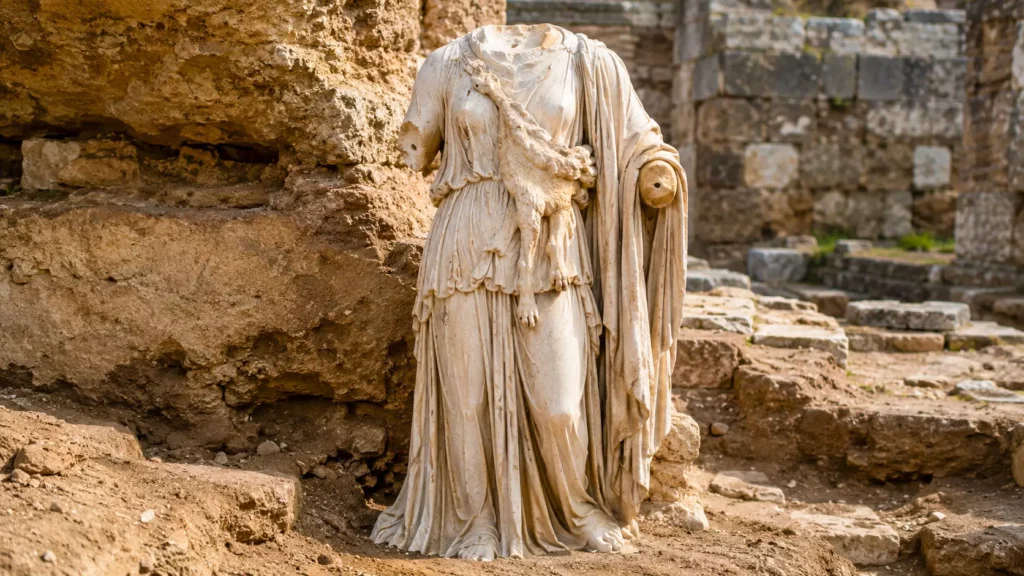 Une statue antique de bacchante en marbre, sans tête, se dresse au milieu des vestiges archéologiques de Tusculum près de Rome.