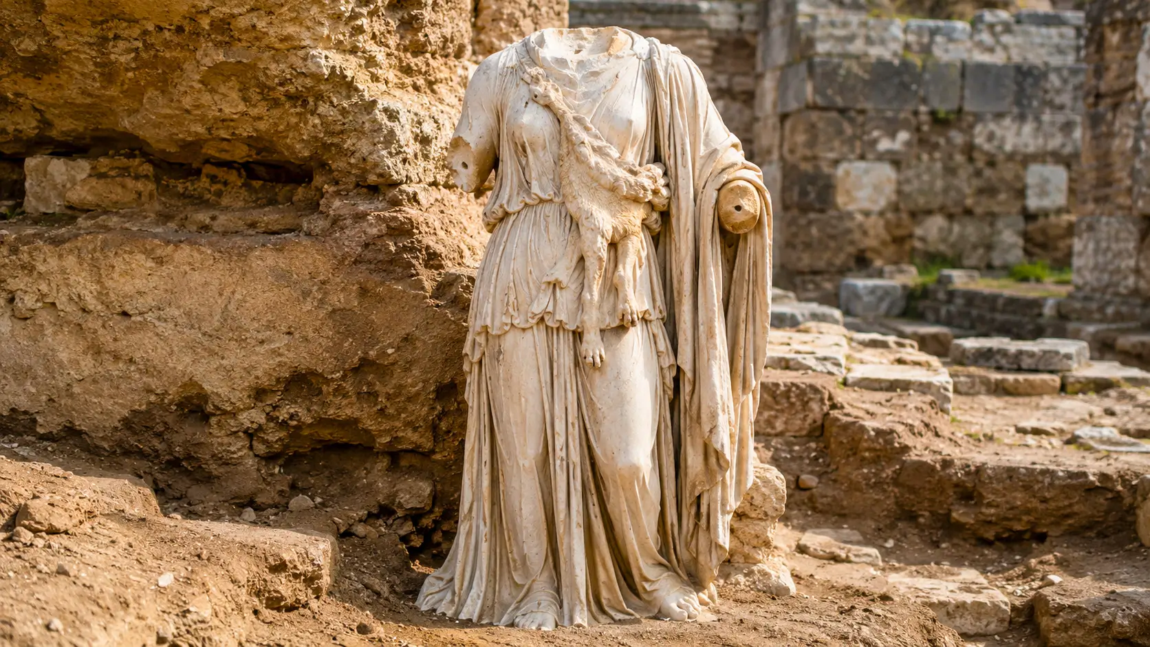 Une statue antique de bacchante en marbre, sans tête, se dresse au milieu des vestiges archéologiques de Tusculum près de Rome.