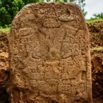 Une stèle mexicaine ancienne, sculptée de deux dignitaires face à face autour d’un récipient rituel, apparaît au centre d’une fouille archéologique.
