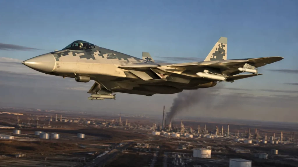 Un chasseur russe Su-57 survole la raffinerie d’Omsk tandis qu’une colonne de fumée s’élève du site industriel.