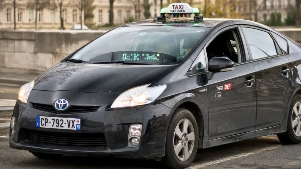 Un taxi Toyota Prius noir à Paris affiche près de 500 000 kilomètres au compteur, symbole de fiabilité mécanique.