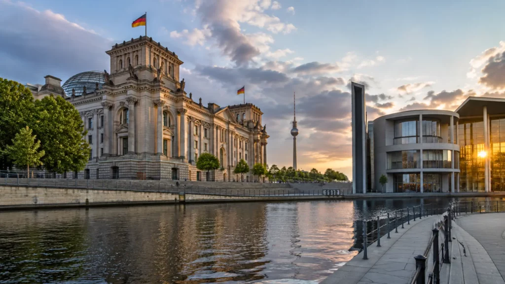 Vue de Berlin avec le Reichstag, des bâtiments modernes et la tour de télévision au coucher du soleil.