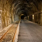 Les anciens rails du tunnel ferroviaire du Somport longent une chaussée asphaltée éclairée dans l’obscurité.