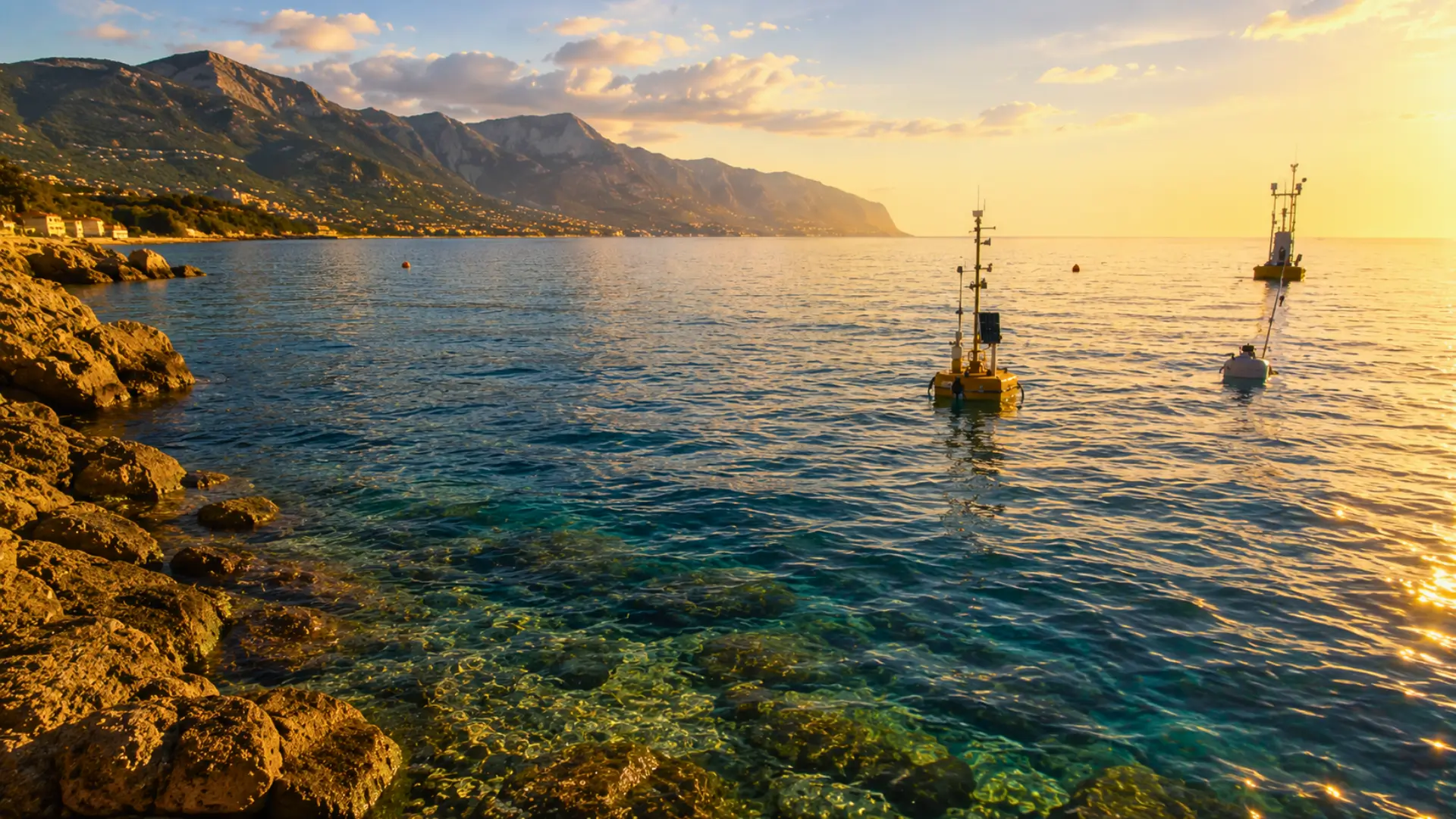 Bouées scientifiques flottant sur une mer Méditerranée calme et anormalement chaude au coucher du soleil, près d’une côte rocheuse.
