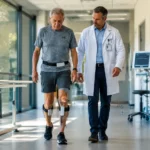 Patient atteint de Parkinson marchant dans un couloir de rééducation avec un neurologue, équipé de capteurs de marche pour une stimulation cérébrale adaptative.