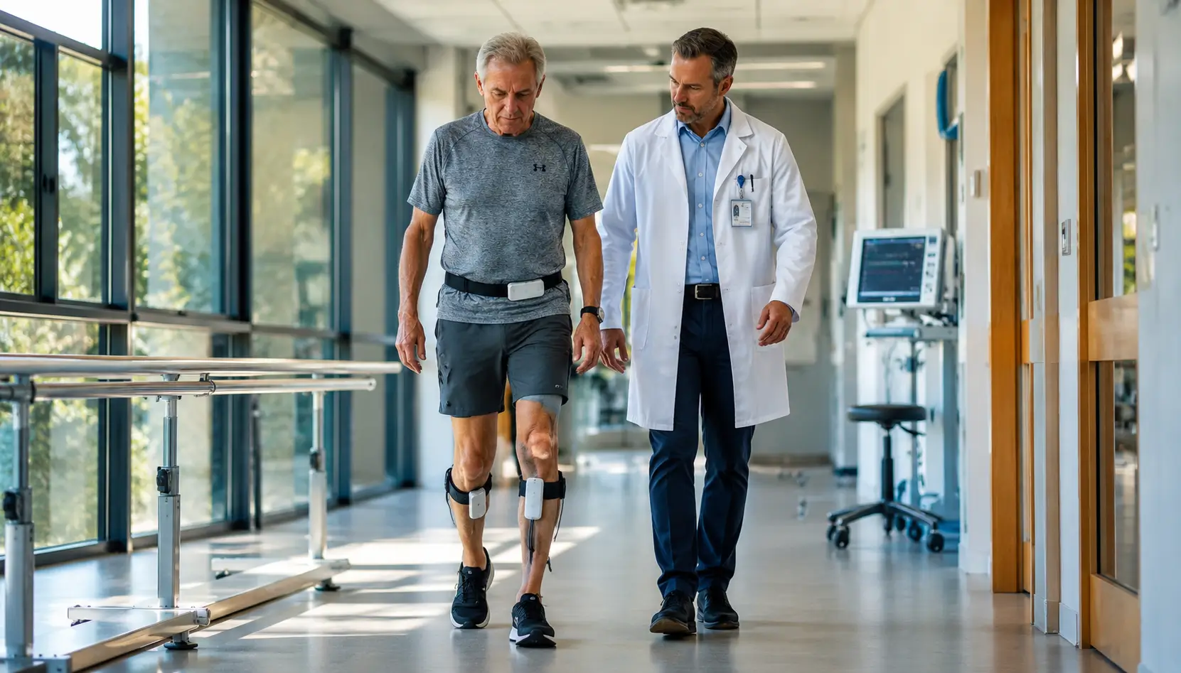 Patient atteint de Parkinson marchant dans un couloir de rééducation avec un neurologue, équipé de capteurs de marche pour une stimulation cérébrale adaptative.
