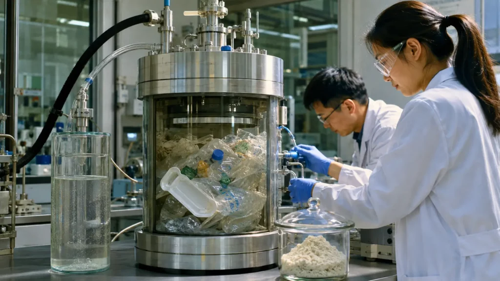 Des chercheurs observent un réacteur de laboratoire contenant des déchets plastiques mélangés, utilisé pour produire de l’hydrogène et retenir le carbone sous forme solide.