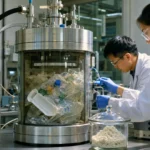 Des chercheurs observent un réacteur de laboratoire contenant des déchets plastiques mélangés, utilisé pour produire de l’hydrogène et retenir le carbone sous forme solide.