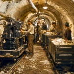 Ouvriers victoriens creusant une galerie sous la Manche avec une machine de forage au XIXe siècle