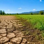 Champ partagé entre un sol sec et craquelé et une zone de végétation verte sur une terre humide sous un ciel ensoleillé.