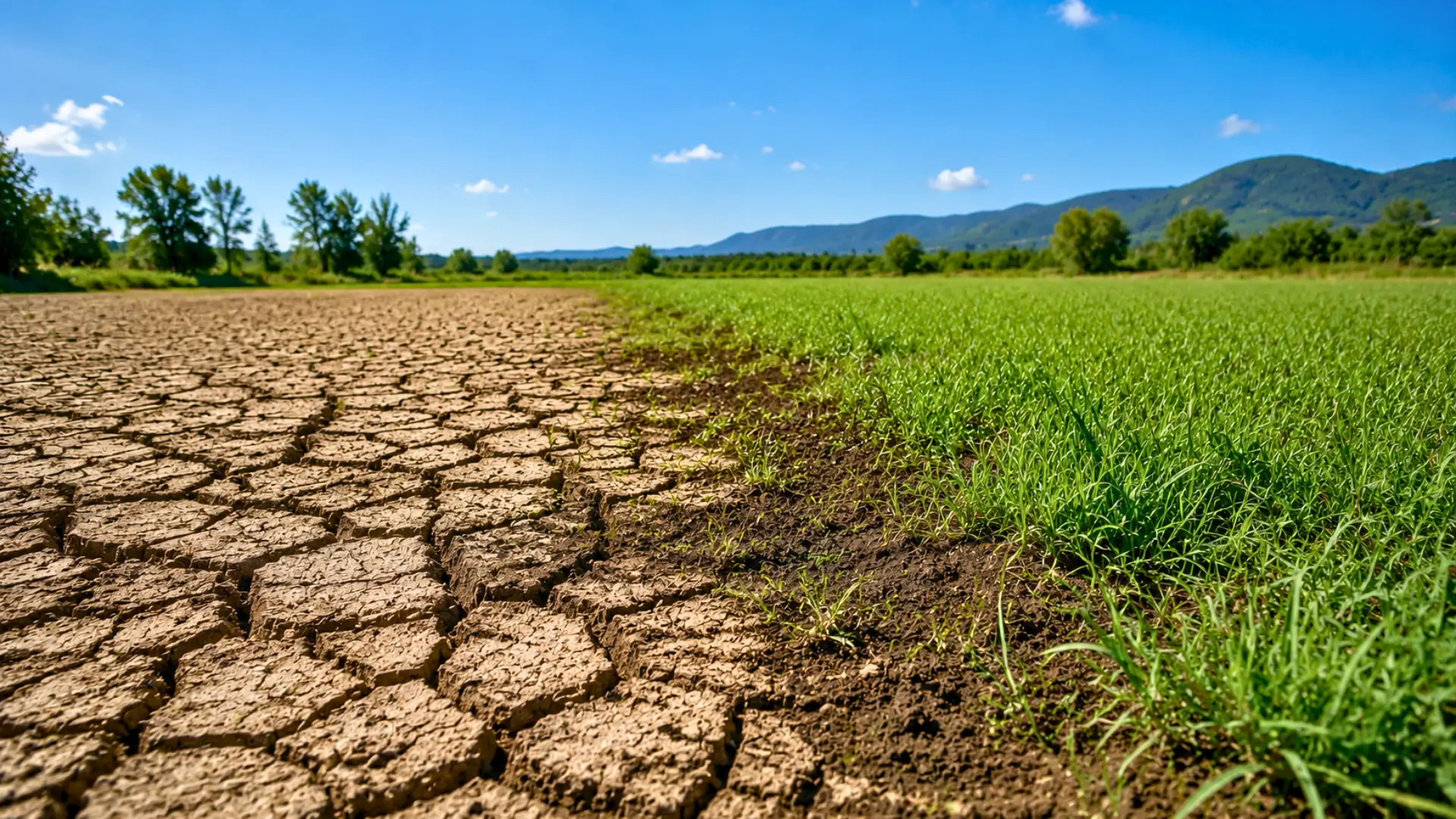 Champ partagé entre un sol sec et craquelé et une zone de végétation verte sur une terre humide sous un ciel ensoleillé.