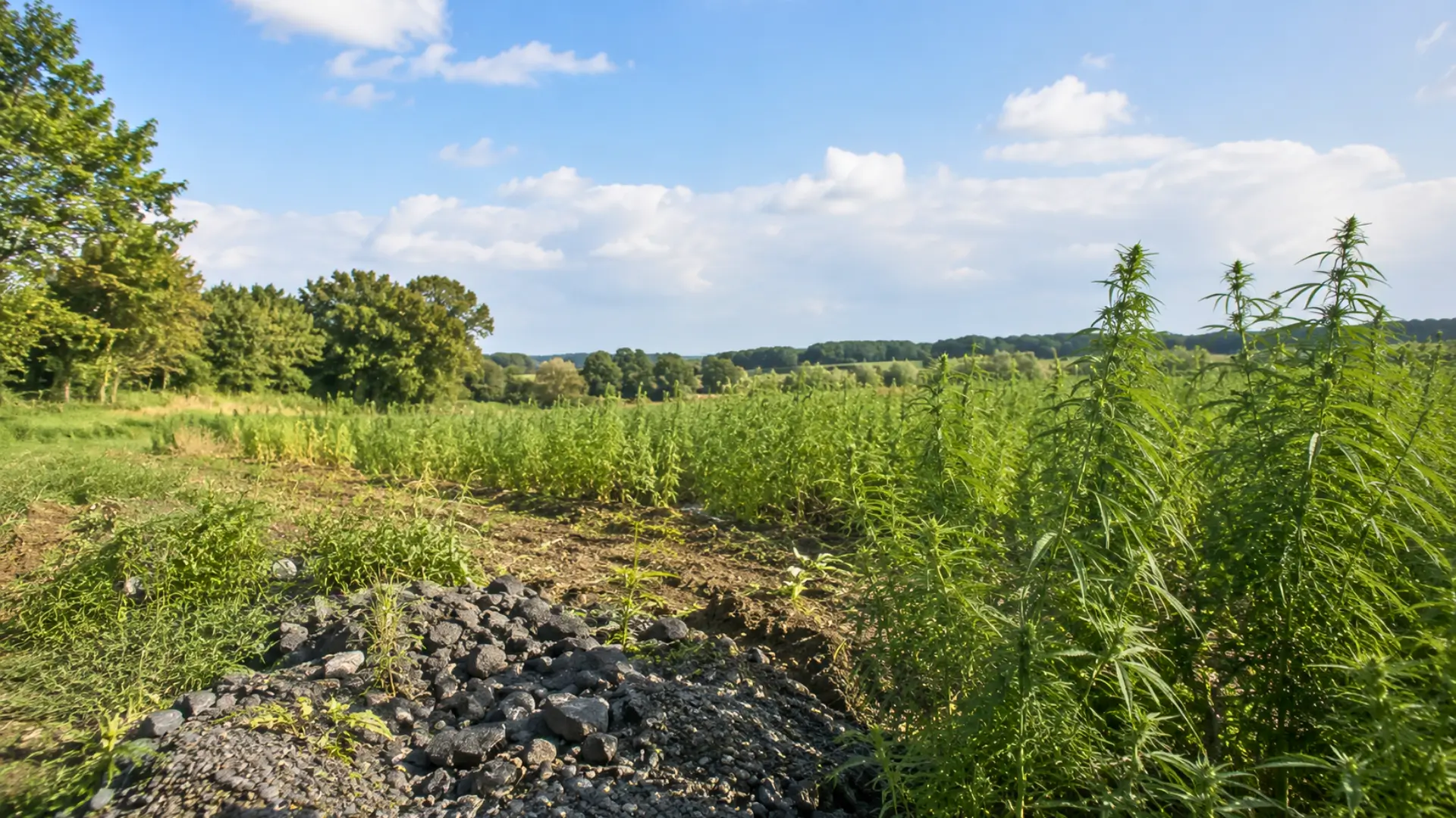 Champ de chanvre cultivé sur un sol amendé avec de la roche broyée dans le cadre d’un projet de dépollution des PFAS.