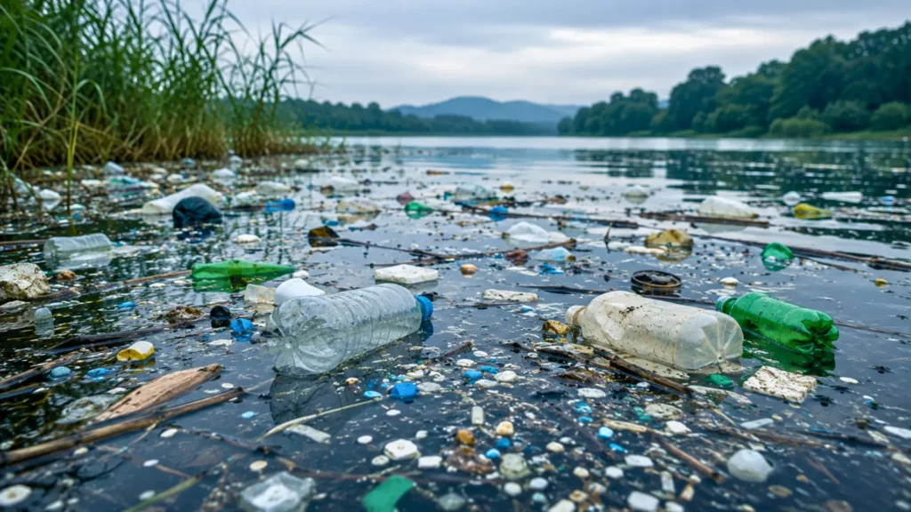 Déchets plastiques flottant à la surface d’un point d’eau pollué, avec bouteilles et fragments visibles près de la berge.