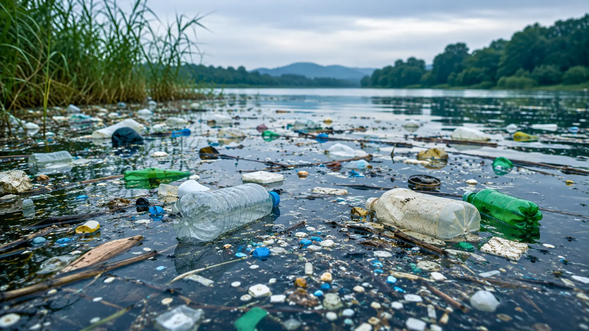 Déchets plastiques flottant à la surface d’un point d’eau pollué, avec bouteilles et fragments visibles près de la berge.