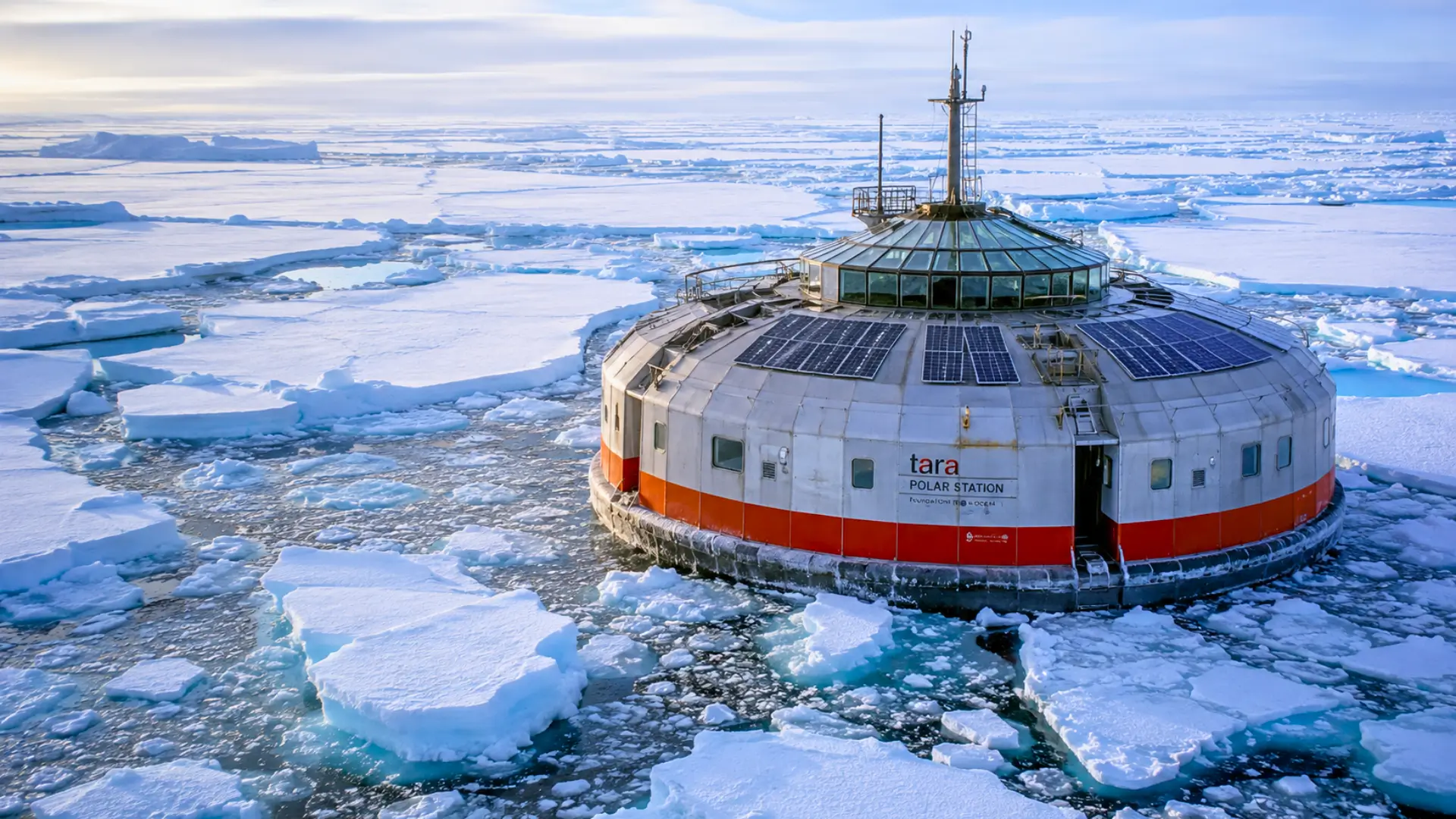 Tara Polar Station entourée de plaques de banquise dans l’océan Arctique