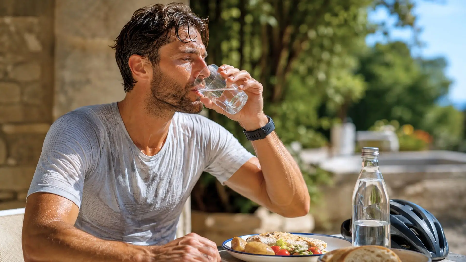 Homme en sueur buvant un verre d’eau après un effort par forte chaleur