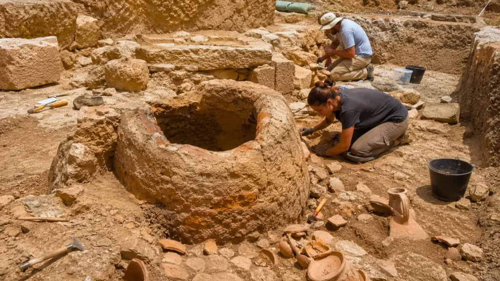 Des archéologues fouillent un four punique antique à Carthage, entouré de tessons de céramique et de vestiges d’atelier.