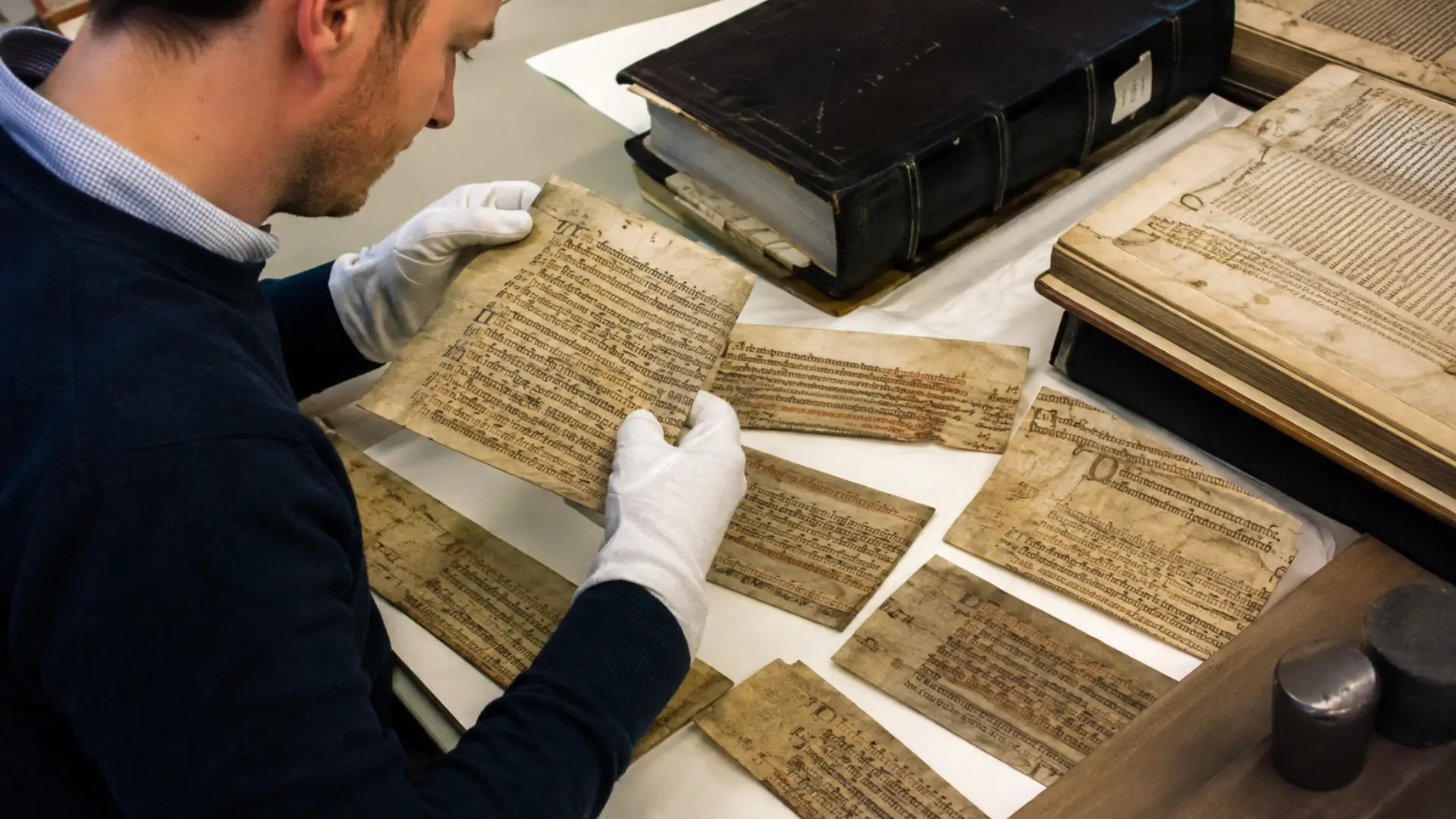 Archiviste examinant des fragments de parchemins médiévaux découverts dans les archives de Guernesey.