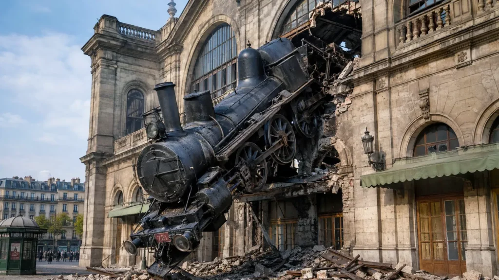 Une locomotive à vapeur traverse la façade de la gare Montparnasse en 1895 et reste suspendue au-dessus de la rue après l’accident.