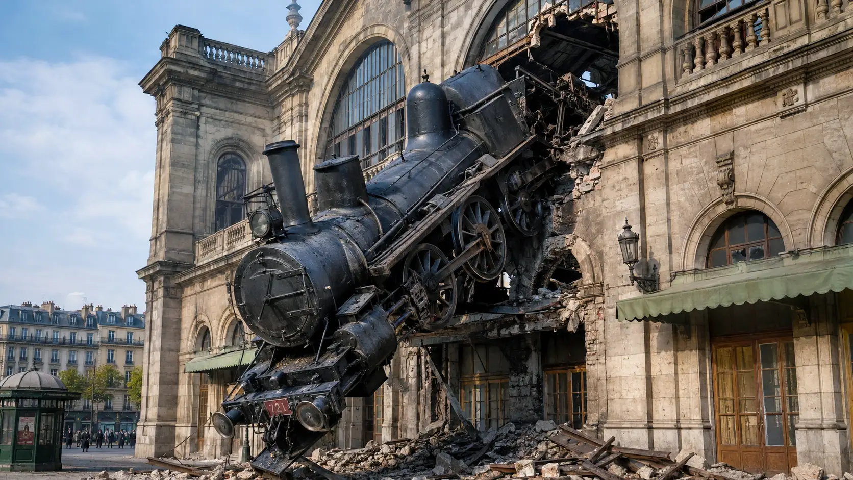 Une locomotive à vapeur traverse la façade de la gare Montparnasse en 1895 et reste suspendue au-dessus de la rue après l’accident.