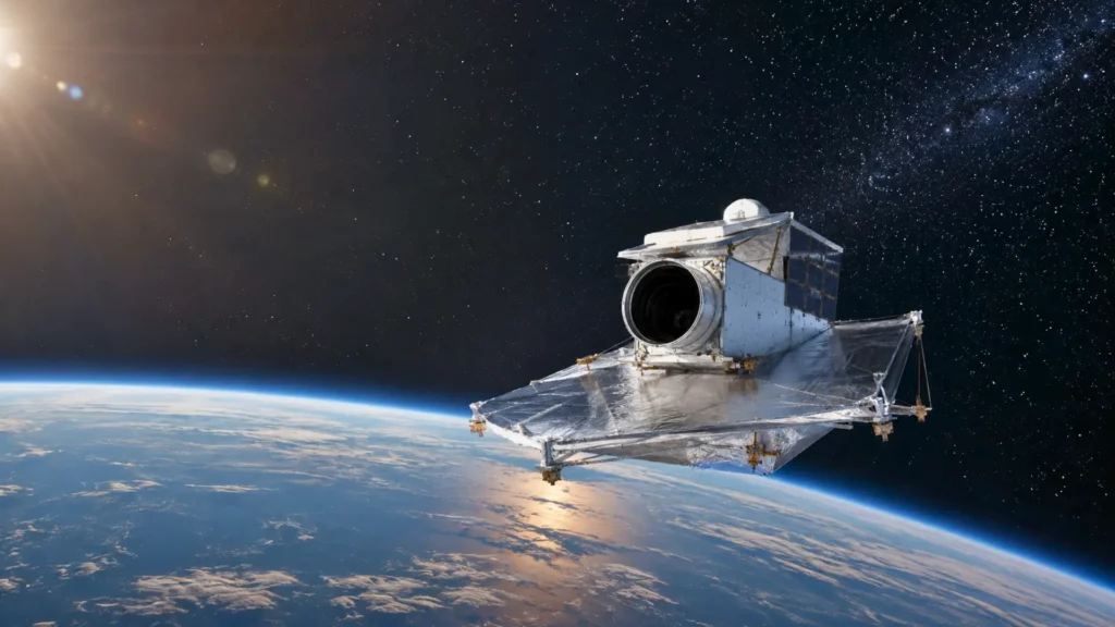 Le télescope spatial Nancy Grace Roman de la NASA au-dessus de la Terre, en route vers le point de Lagrange L2.