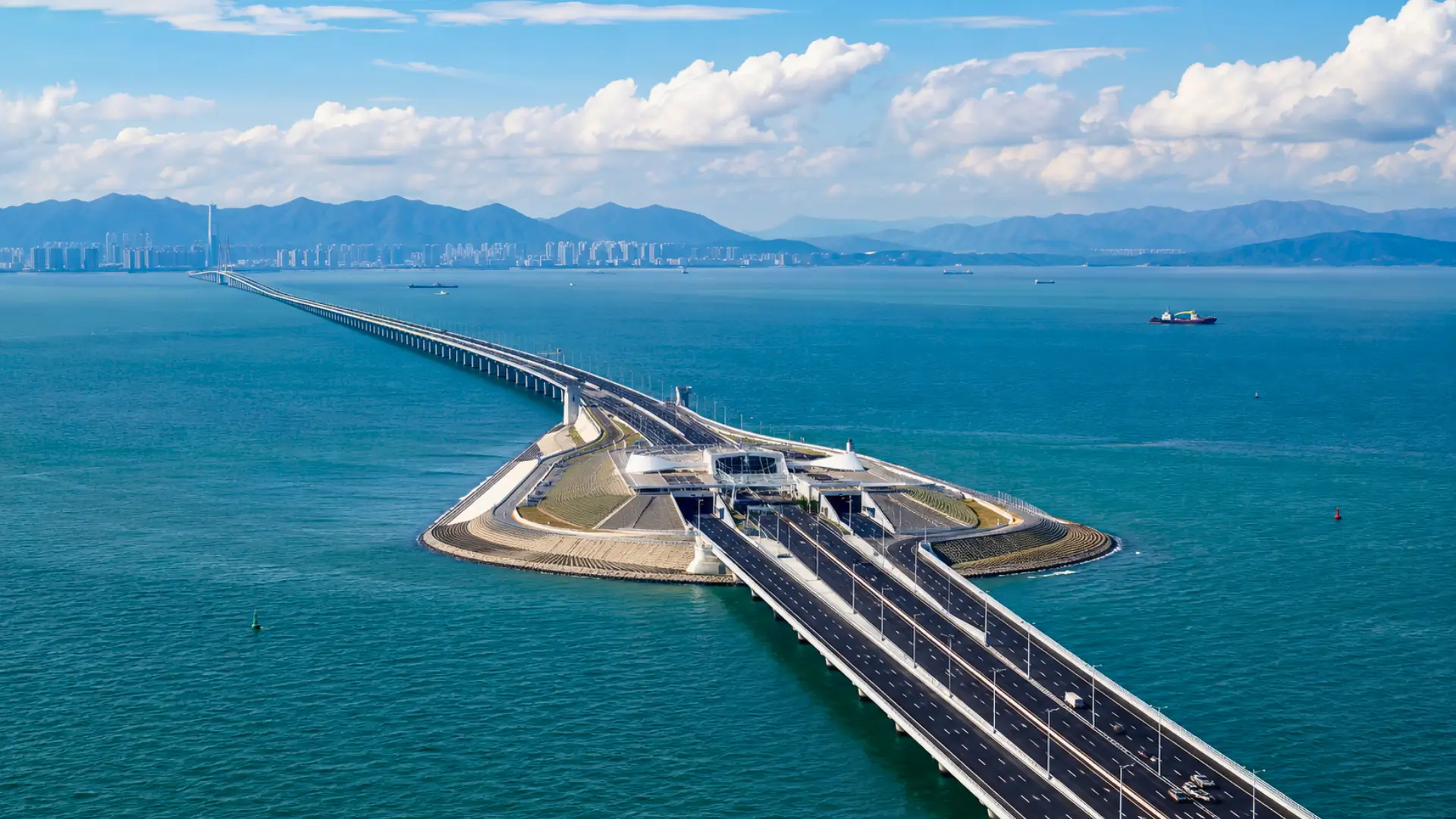 Vue aérienne du pont Hong Kong-Zhuhai-Macao traversant l’estuaire de la rivière des Perles avec une île artificielle et plusieurs voies de circulation.