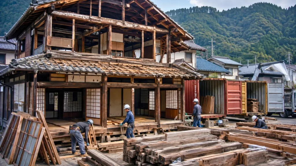 Artisans japonais démontant une maison traditionnelle kominka centenaire en bois avant son transport à l’étranger.