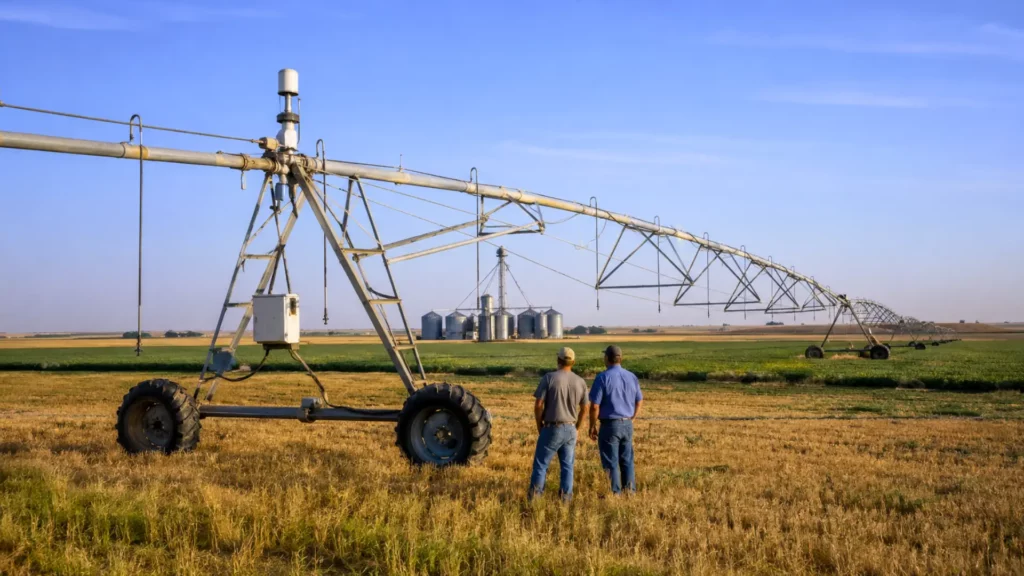 Système d’irrigation circulaire dans un champ des Grandes Plaines, avec deux agriculteurs observant les installations au-dessus de l’aquifère Ogallala.