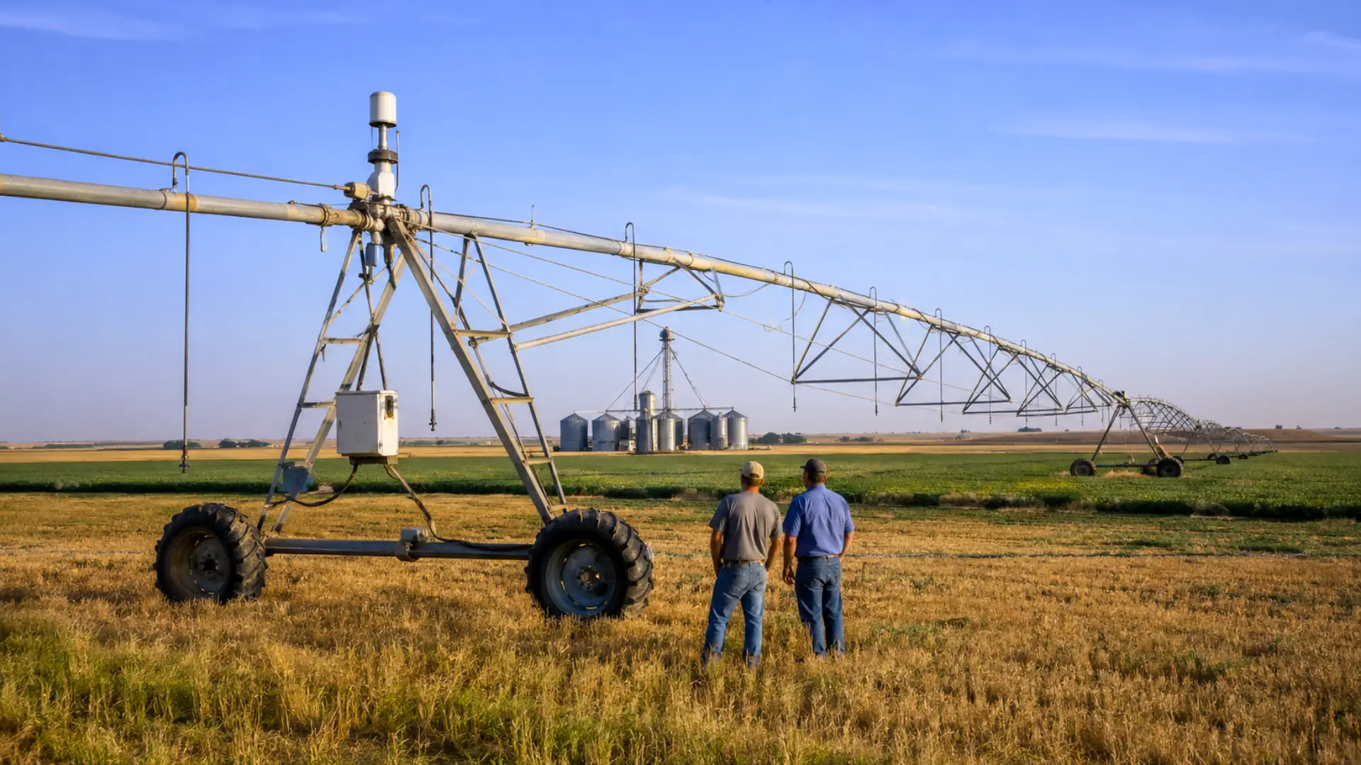 Système d’irrigation circulaire dans un champ des Grandes Plaines, avec deux agriculteurs observant les installations au-dessus de l’aquifère Ogallala.