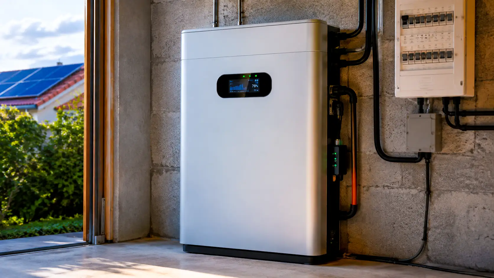 Une batterie domestique intelligente installée dans un garage, reliée au tableau électrique et à des panneaux solaires visibles à l’extérieur.