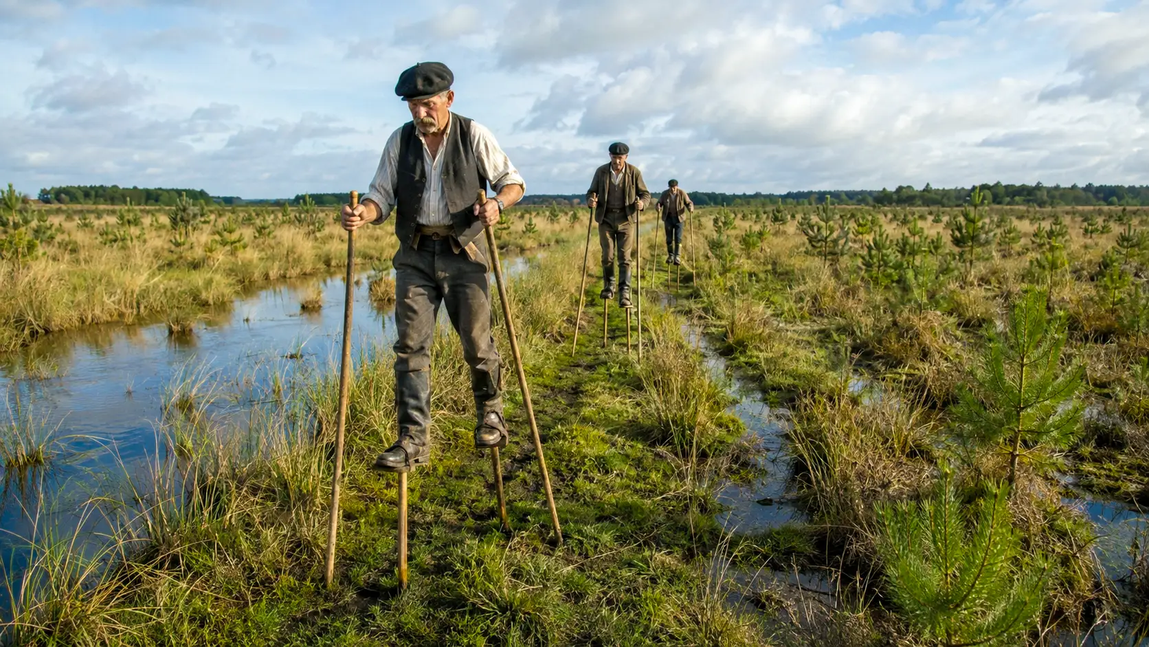 Des bergers landais avancent sur des échasses à travers un marécage où de jeunes pins commencent à transformer le paysage.