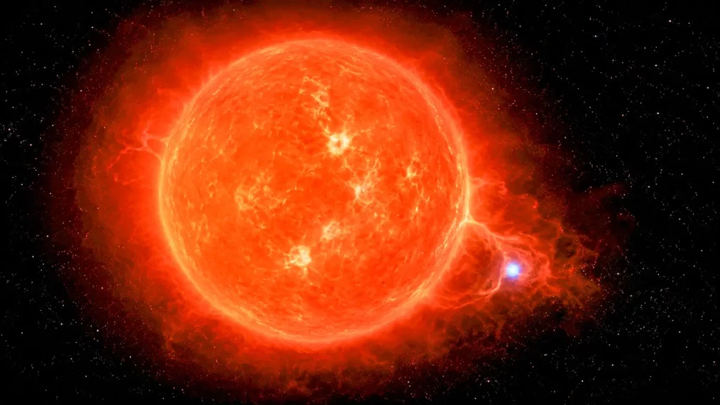 La supergéante rouge Bételgeuse domine l’espace tandis qu’une petite étoile bleue apparaît dans son halo incandescent.