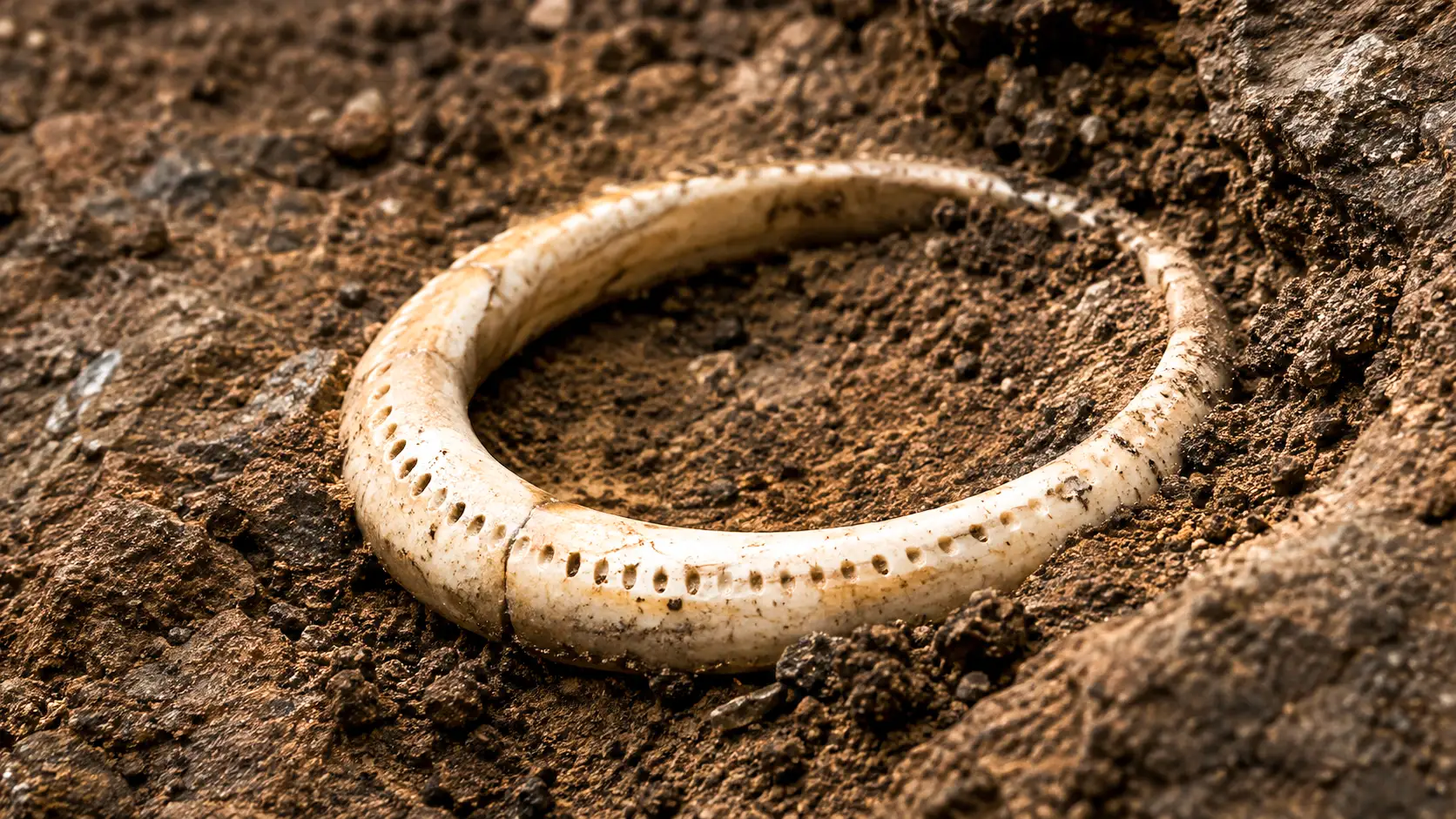 Bracelet préhistorique en ivoire de mammouth vieux de 40 000 ans, partiellement dégagé des sédiments d’une grotte.