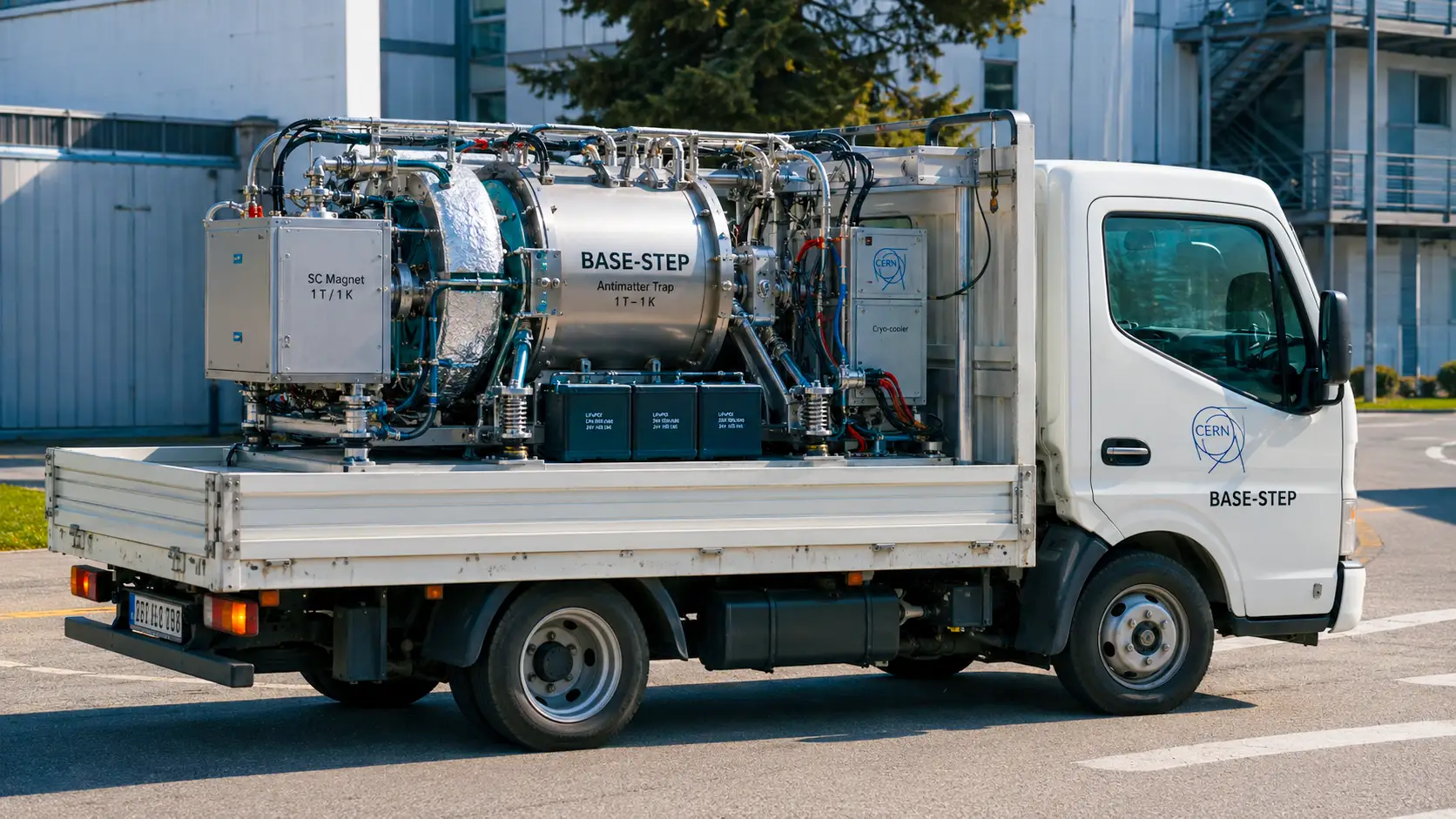 Un camion du CERN transporte le piège BASE-STEP contenant des antiprotons sur le site de Meyrin.
