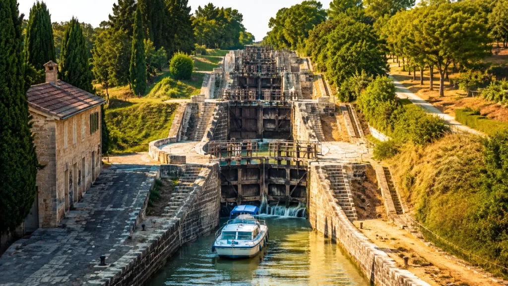 Vue sur les écluses historiques du Canal du Midi, avec une embarcation naviguant entre les bassins de pierre entourés de végétation.