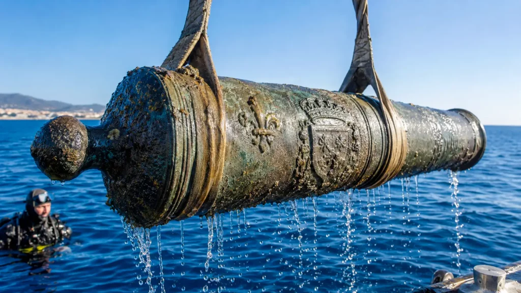 Un canon en bronze du XVIIe siècle, couvert de concrétions marines, est remonté hors de la Méditerranée près de Toulon.