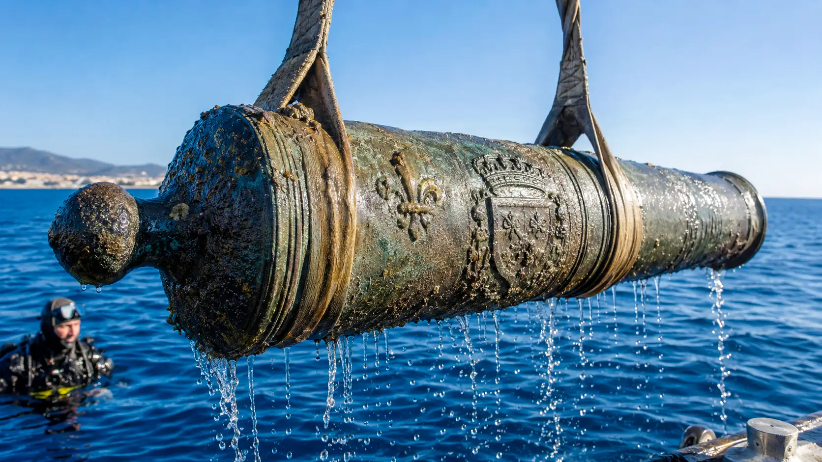 Un canon en bronze du XVIIe siècle, couvert de concrétions marines, est remonté hors de la Méditerranée près de Toulon.