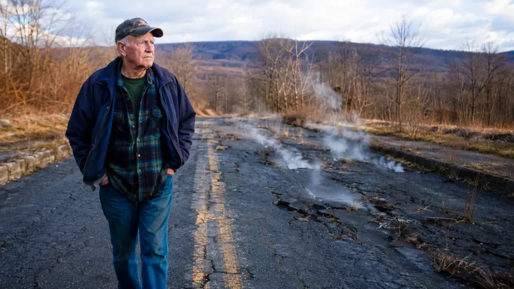 Un habitant âgé marche sur une route fissurée de Centralia, tandis que de la fumée s’échappe du sol au-dessus de l’incendie souterrain.
