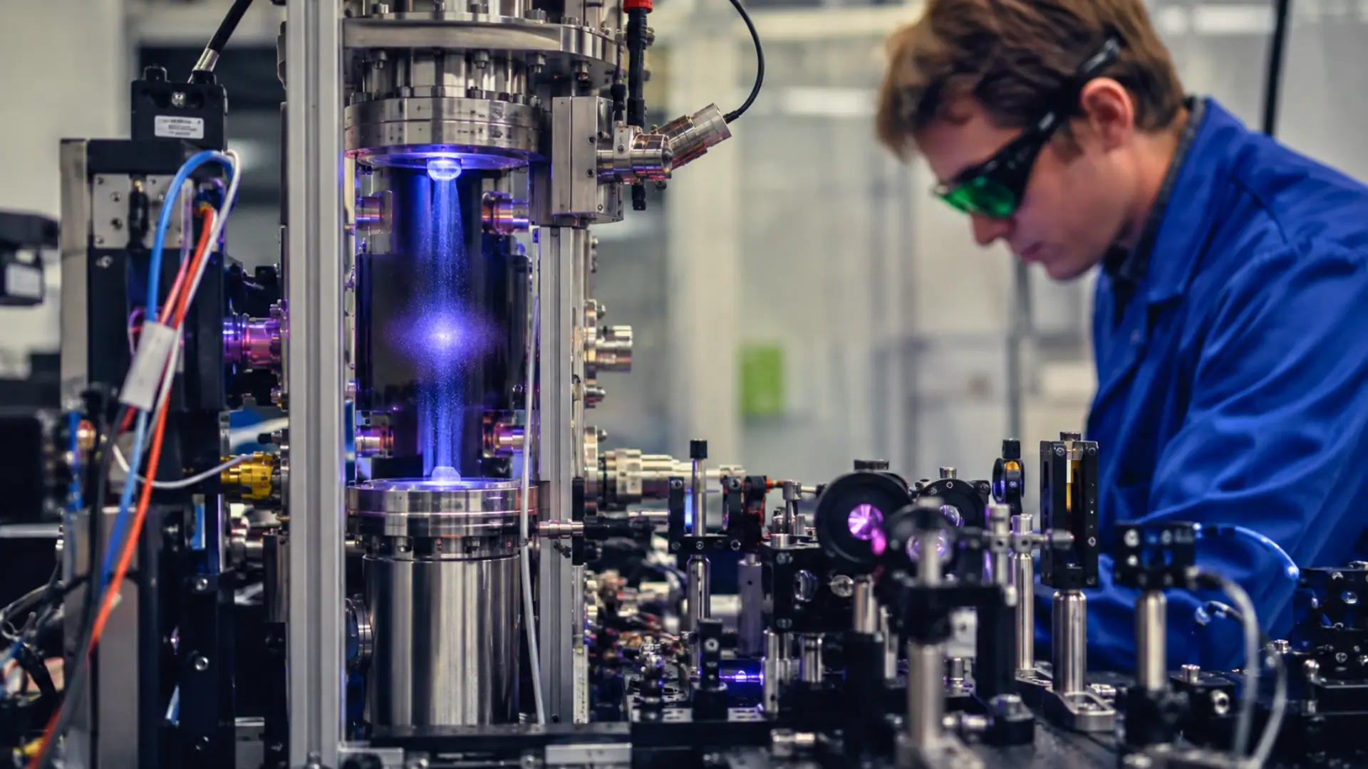 Physicien travaillant sur un gravimètre quantique à atomes ultrafroids dans un laboratoire équipé de lasers et d’un système sous vide.