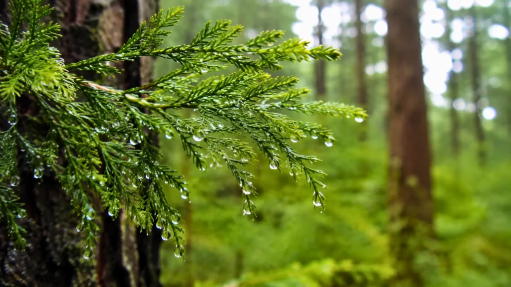 Branche de séquoia couverte de gouttes d’eau dans une forêt humide