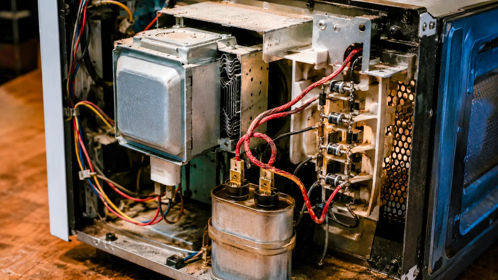 Vue rapprochée des composants haute tension à l’intérieur d’un four à micro-ondes démonté, avec condensateur, diodes et câblage électrique.