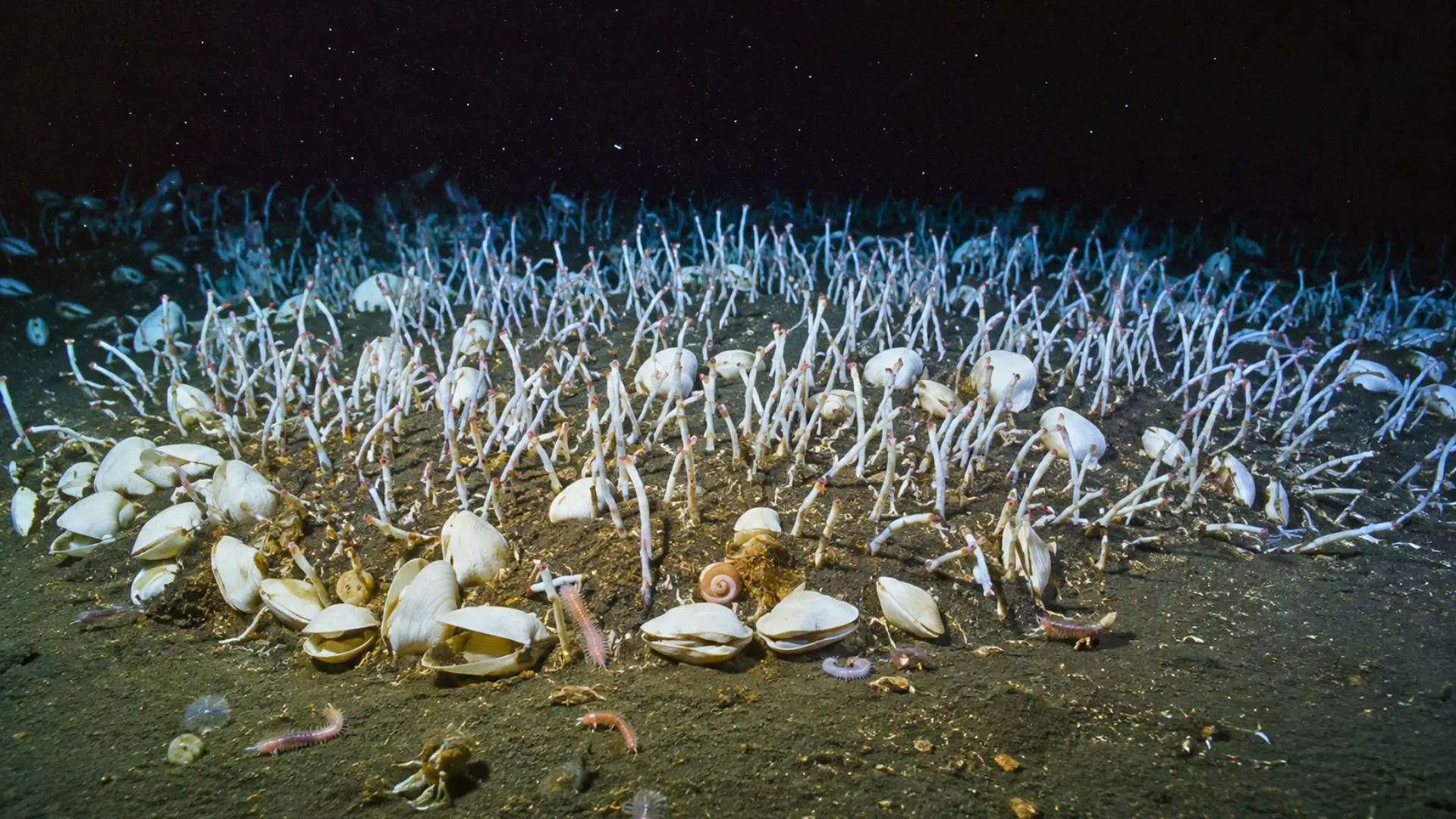 Communauté de vers marins et de bivalves vivant sur les sédiments d’une fosse du Pacifique à plus de 9 000 mètres de profondeur.