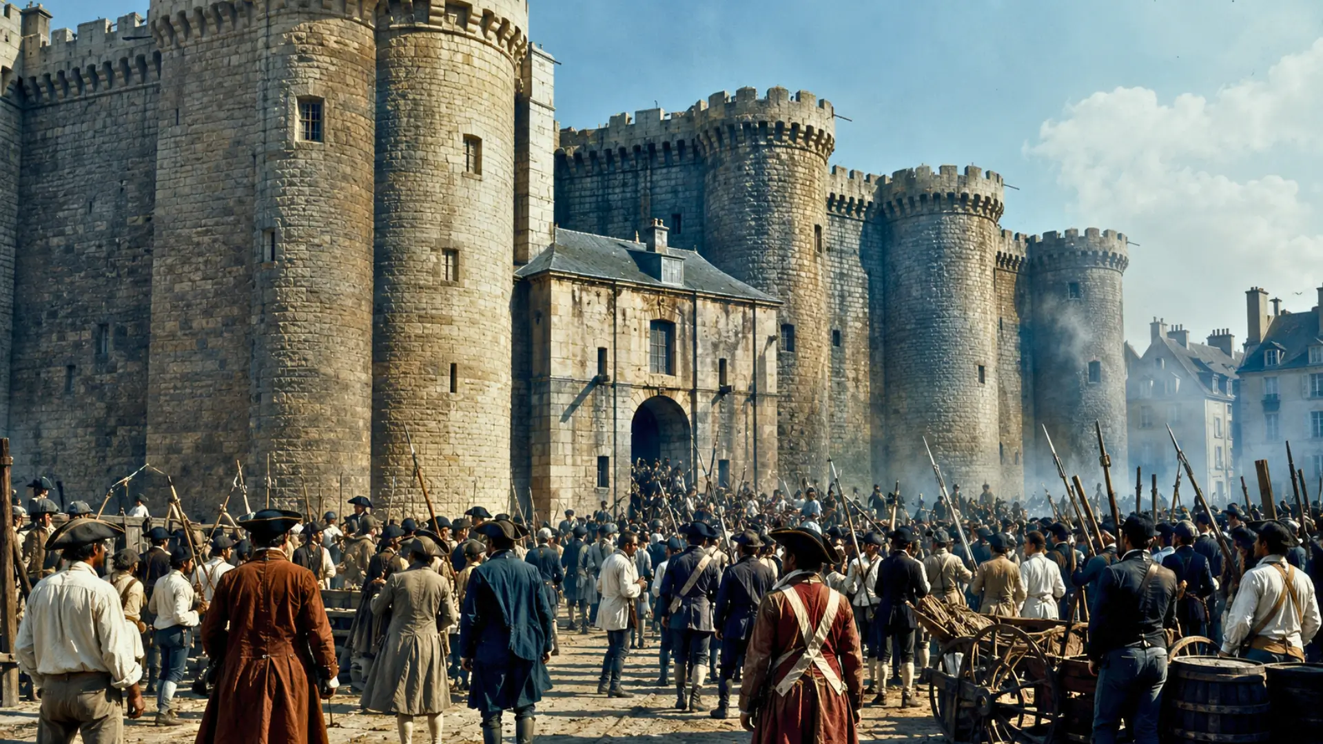 Reconstitution réaliste de la prise de la Bastille à Paris le 14 juillet 1789, avec une foule armée devant la forteresse.