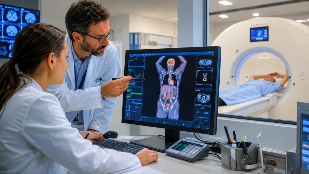 Médecins analysant une image TEP d’un patient dans un service d’imagerie médicale équipé d’un scanner PET/CT.
