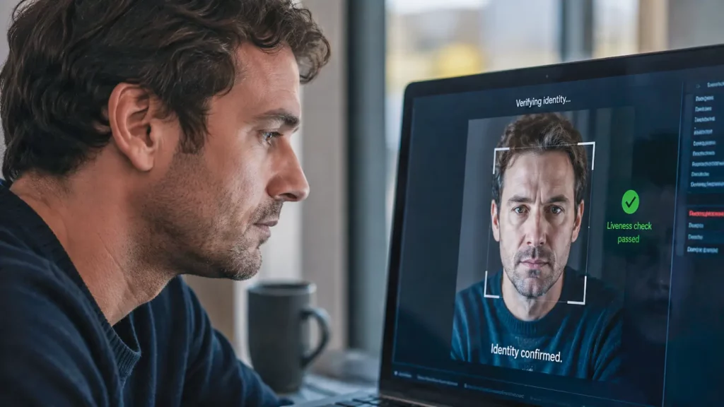 Un homme observe son visage affiché sur un écran lors d’une vérification biométrique indiquant que le contrôle d’identité a été validé.