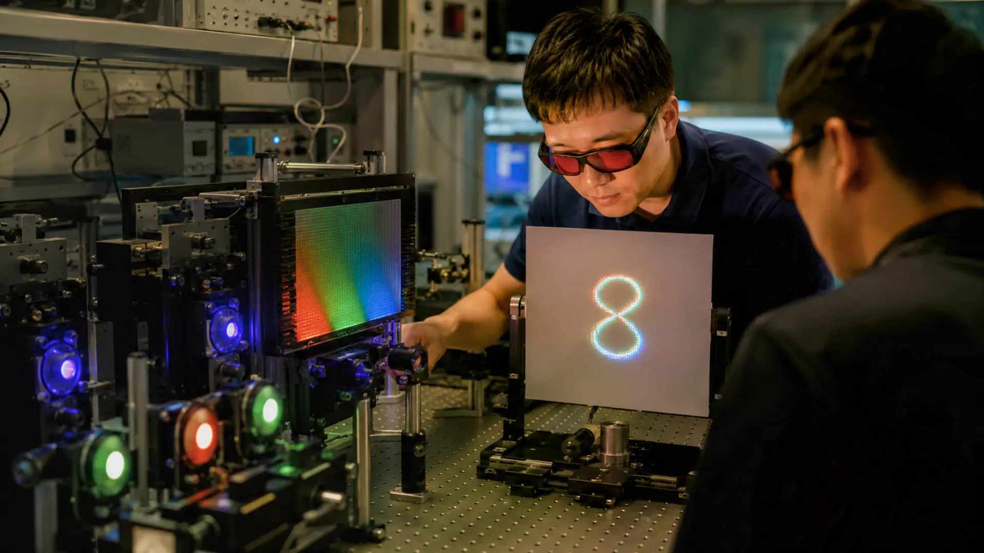Chercheurs manipulant un dispositif optique expérimental capable de transformer une scène en un chiffre 8 grâce à la lumière.