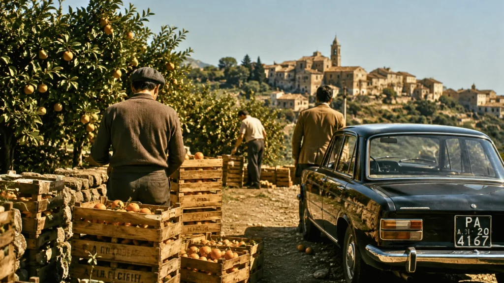 Des hommes vus de dos travaillent près de caisses d’oranges et d’une voiture ancienne dans un verger sicilien.